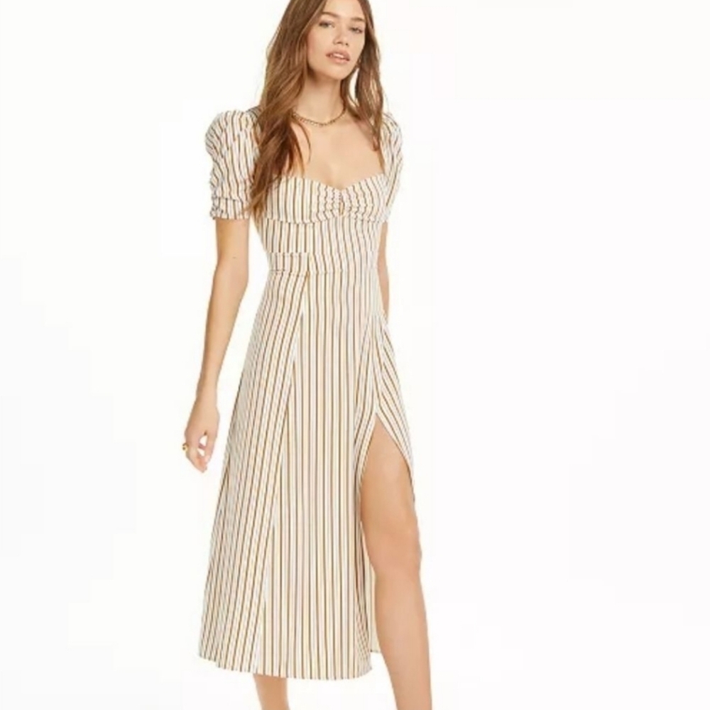 DANIELLE BERNSTEIN Puffed Sleeves Midi Slip Dress Striped Beige/White Sz 14 NWT